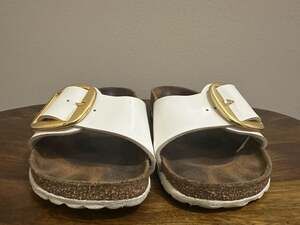 Birkenstock Madrid Big Buckle Patent White Slide Sandals